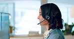 Business woman, call center and smile for telemarketing, customer support or help advice with headset at office. Female employee consultant or agent talking and working on computer for online sales