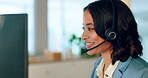 Businesswoman, call center and smile for telemarketing, customer support or help advice with headset at the office. Female employee consultant or agent talking and working on computer in online sales