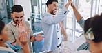 Teamwork, applause and high five with hands together to celebrate success or team building. Diversity business men and women happy about winning mission, goals and support for office motivation