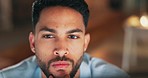 Focus, reading and face of a programmer with a computer for email, internet and night work. Web design, programming and man working on a website, online coding and database on a pc for overtime