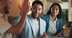 Business people, high five and computer success of staff in a meeting with applause. Diversity, target progress and excited and office staff clapping from company growth and teamwork progress