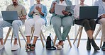 Recruitment, hiring and job interview waiting room with business people preparing for hr meeting. Queue, we are hiring or group sitting together at startup company for employment, job or opportunity 