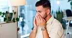 Sick, covid and man sneezing with a tissue with a virus, cold or flu in a work office. Allergy, sneeze and employee withh corona, illness or disease while working in a workspace at a startup