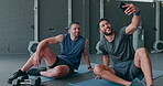 Friends selfie, fitness and men at gym taking pictures for social media after training, workout or exercise. Sports, wellness and male athletes taking photo for happy memory after exercising together