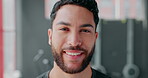 Face portrait, fitness and man in gym ready to start workout, training or exercise for health. Sports, wellness or smile of happy, proud or confident male athlete from Brazil preparing for exercising