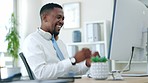 Black man, business and dancing, celebrate winning and happy with target bonus, feedback and professional win. Cheers, success and typing, sitting at desk with computer screen, promotion and reward