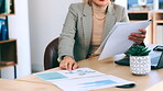 Office, documents and analysis of woman hands analysis with financial report, infographic and research paper. Paperwork, finance ERP and business person or professional worker working at her desk