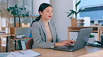 Laptop, typing and asian business woman in office online research, email marketing or digital management software. Professional worker, employee or person working fast on keyboard in internet career