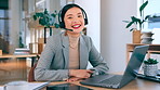 Asian woman, business and laptop with call center headset for communication, telemarketing and crm. Happy entrepreneur person portrait online for customer support, consultation service or help desk 