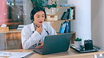 Video call, healthcare support and doctor woman telehealth service, thyroid exam and virtual consultation. Medical asian professional consulting on laptop, webinar or call center for help and advice 