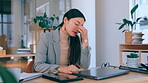 Headache, tired and sleepy business woman on laptop with online career stress, depression and mental health problem. Asian professional worker or sad person at desk fatigue, burnout and depressed