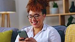 Black woman, phone call and home couch for communication, conversation or online chat with wifi. Happy model person with smartphone in living room typing email, contact search or speaking with smile