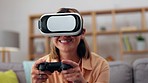 VR, gaming console and woman on sofa for metaverse, futuristic video games and cyberpunk experience at home. Virtual reality glasses, digital high tech and happy gen z person or gamer future on couch