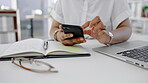 Phone closeup and woman hands planning, market research and social networking ideas at her office desk. Cellphone, scroll or zoom of analyst with online search, mobile application monitor or review