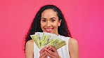 Black woman winner, studio background and money fan for success, prize and profit from investment. Gen z model, girl and winning cash in hands with smile, happiness and financial freedom in portrait