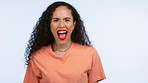 Surprise, winner and face of excited black woman with success, winning and victory celebration in studio. Wow mockup, smile and portrait of happy Brazilian girl for achievement, announcement and news