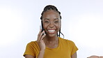 Face of black woman and phone call isolated on a white background network, online conversation and hello mockup. Happy young african person or model with cellphone discussion, conversation or talking