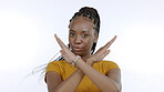 Black woman, stop sign and hands for portrait in studio with body language, x signal and warning. Face of model person isolated on a white background to protest, caution and rejection or disagree