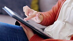 Woman hands, tablet closeup and couch for online social media, software or creative learning application. Relax student or person on sofa with digital technology for website scroll, research or games