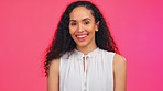 Happy, smile and face of a woman in studio with a cosmetic, makeup and natural facial routine. Happiness, excited and portrait of beautiful female model from Brazil isolated by bright pink background