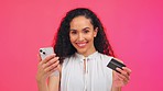 Credit card, online shopping and face of black woman in studio for advertising, space and pink background. Ecommerce, app and payment by girl portrait with debit card or banking, isolated and mock up