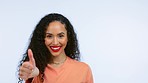 Woman, portrait or success thumbs up on isolated blue background in vote turn, good luck or winner support. Smile, happy or model with yes hands, thank you or emoji feedback approval on studio mockup