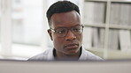 Face, cyber security or serious black man programmer for thinking, coding or UX web designer software. Hacker, thinking or programmer on tech for planning analytics, data analysis or strategy at work