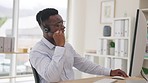Crm, consultant and man on a computer for telemarketing, customer service and faq in office. Call center, male and agent consulting for online support, help and legal advice, professional and service
