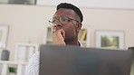 Business, black man and thinking in office, laptop and ideas for new project, proposal and planning. African American male employee, leader or entrepreneur with computer, focus or digital advertising