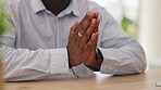 Black man hands praying, faith and hope for career, job or work opportunity with god help, support or spiritual healing. Trust, worship and person with prayer sign for respect, gratitude and religion