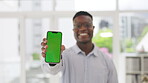 Green screen, portrait or black man with phone for business website, product marketing or advertising in office. Happy, smile or employee on smartphone for networking, social media or SEO logo brand
