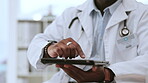 Tablet in hands of black man, doctor and technology, digital medical chart and scroll in electronic healthcare archive. Health professional, online medicine database and app, male surgeon in Nigeria