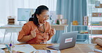 Excited asian woman, laptop and celebration for winning, sale or good news in small business, logistics or ecommerce. Happy female celebrating win, victory or achievement on computer in marketing