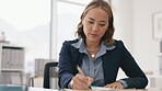 Writing, planning and paperwork of office woman administration, schedule or career notes. Brainstorming, planner and notebook of asian professional person or serious business employee working at desk