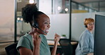 Black woman, fist celebration and telemarketing success for call center consultation, crm customer support and happiness in office. African woman, employee achievement and high five customer support