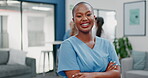 Nurse, face or arms crossed in busy hospital for about us, medical life insurance or wellness support. Smile, happy or healthcare black woman in portrait, confidence trust or help medicine internship