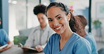 Worker, face or nurse in hospital meeting for medical student, life insurance medicine or treatment training. Smile, happy or healthcare woman in portrait, teamwork collaboration or clinic planning