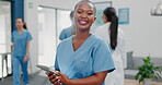 Happy woman or black doctor face in busy hospital with tablet for healthcare services, leadership and mindset. Portrait of medical professional or female nurse on telehealth app for clinic management