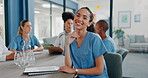 Healthcare, face and woman in hospital meeting, medical planning or life insurance discussion on paper documents. Smile, worker and nurse in portrait, teamwork collaboration or internship diversity