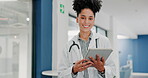 Face of happy woman doctor on tablet for medical research, hospital management and telehealth service. Portrait of young black person in professional healthcare career, job or clinic on digital tech