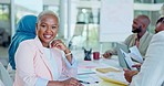 Leadership, portrait or black woman face for team building meeting for documents, planning schedule or review success. Happy, employee or manager with team for marketing company data analysis growth