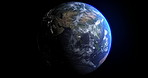 Planet, earth and rotate in space for global change or 3D orbital rotation through night and day. Globe, sphere or orb of world spinning round in atmosphere against a dark background in the universe