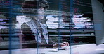 Woman, programming and coding at night on computer dashboard for software or application at office. Female programmer working late on code or program for cybersecurity, UX or UI hologram at workplace