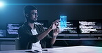 Man, programming and futuristic hologram at night on computer dashboard or software application at office. Male programmer working late on future AI technology or virtual app for UI or UX overlay