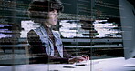 Woman, programming and coding at night on dashboard for computer software or application at office. female programmer working late on code or program for cybersecurity, UX or UI hologram at workplace