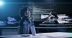 Woman, programming and dashboard hologram at night on computer or coding software application at office. Female programmer working late on virtual code app, UI or UX in cybersecurity at workplace