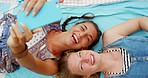 Woman, friends and laughing for selfie above relaxing in travel, holiday or summer vacation in global communication. Women relax and laugh for social media or vlog post with zoom out of planet earth