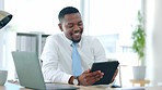 Computer, email and black man with a tablet for communication, administration and news. Schedule, research and happy businessman with technology for internet, agenda and checking an app at a desk