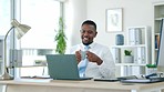 Business, laptop and black man with coffee, success and online reading in workplace, smile and joy. African American male employee, ceo and leader with tea, device and connection with website launch