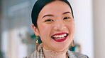 Asian face, laughing and business woman in office with pride for career or job in workplace. Portrait, boss and happy, funny or confident female entrepreneur from Japan with success mindset and smile